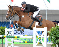 Heiko Schmidt (Neu Benthen) gewann mit Countdown das Auftaktspringen beim internationalen Turnier in Hagen. Foto: Feldhaus